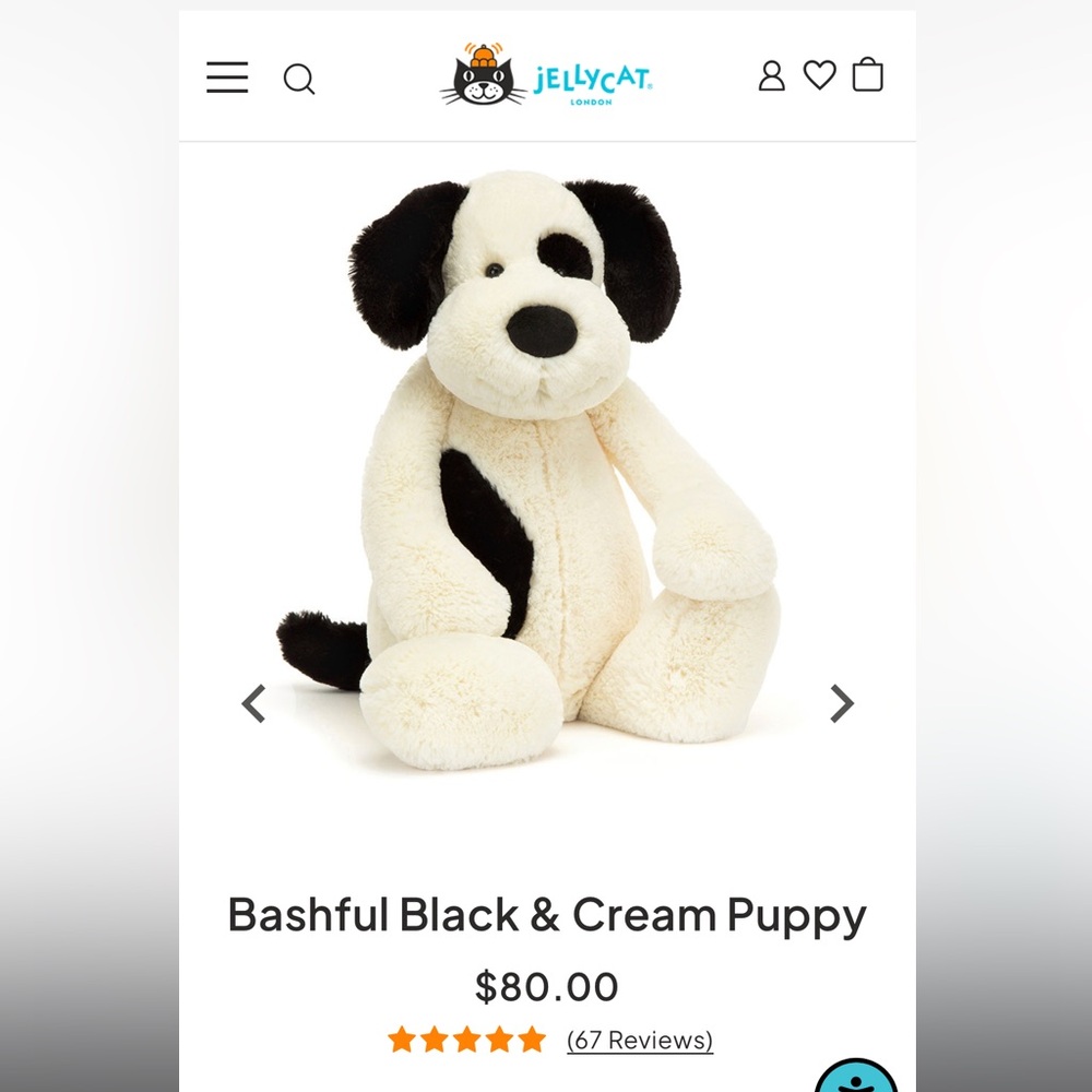 NWT Authentic Jellycat Bashful Black & Cream Puppy Plush Toy (size huge)